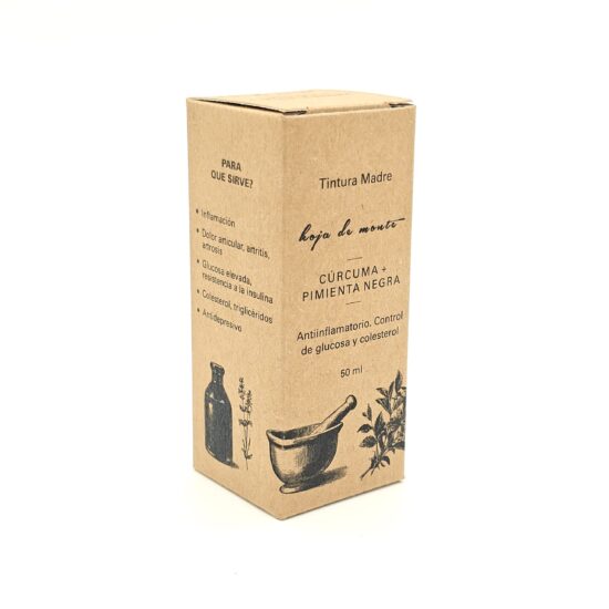 caja color marron estampada para la tintura madre de curcuma con pimienta