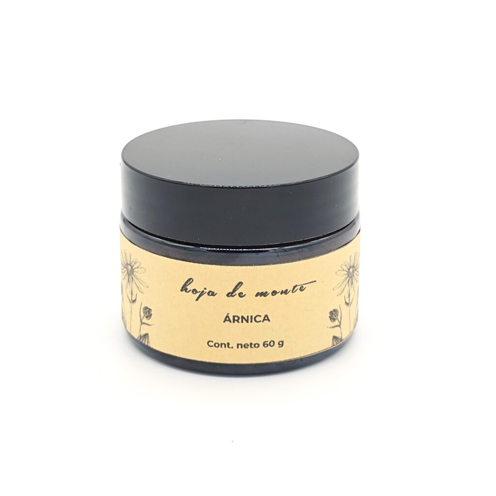 fotografia del envase de la crema de arnica. envase de vidrio color ambar con etiqueta marron clara
